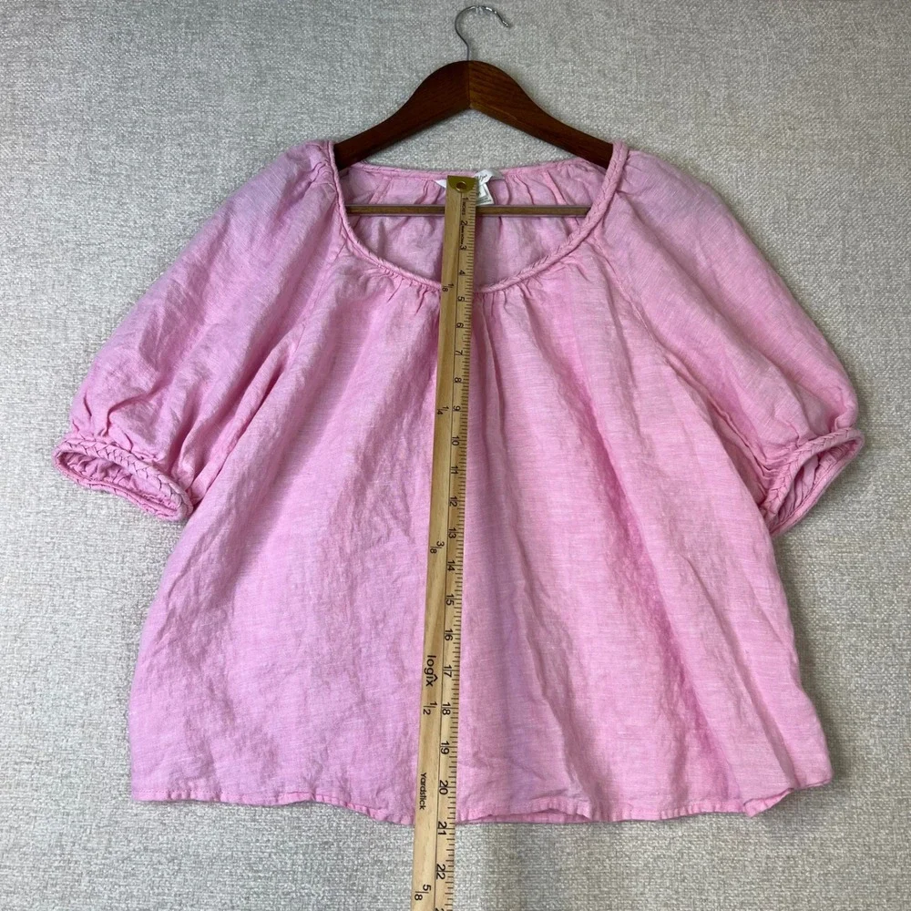 Lilly Pulitzer Pink 100% Linen Puff Sleeve Braided Trim Blouse Top Medium